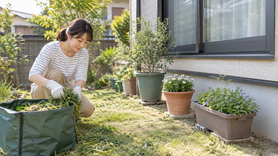 朝に窓の近くの草と植木鉢を整理する様子