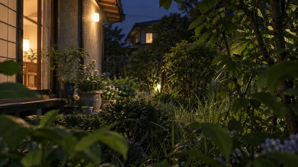 夜の住宅近くで虫の音が聞こえる草木の多い庭