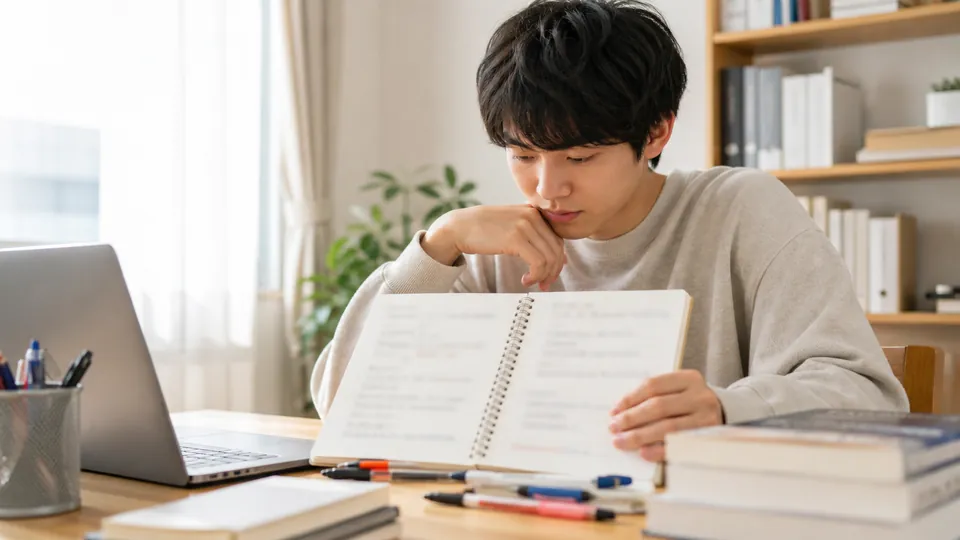 ノートに大学名の正式表記と短い略称を書き分ける学生の手元