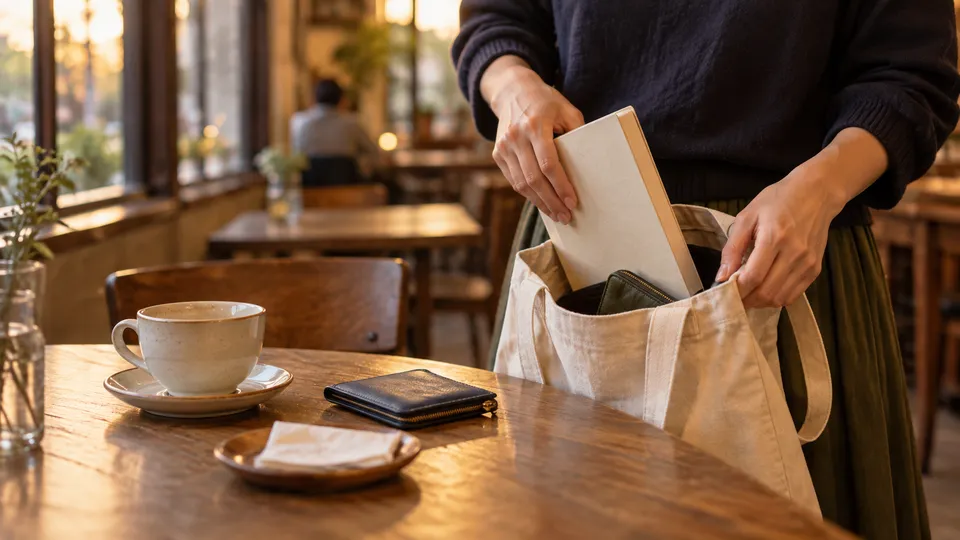 喫茶店で読み終えた本と小物をバッグへまとめて席を立つ準備をする様子