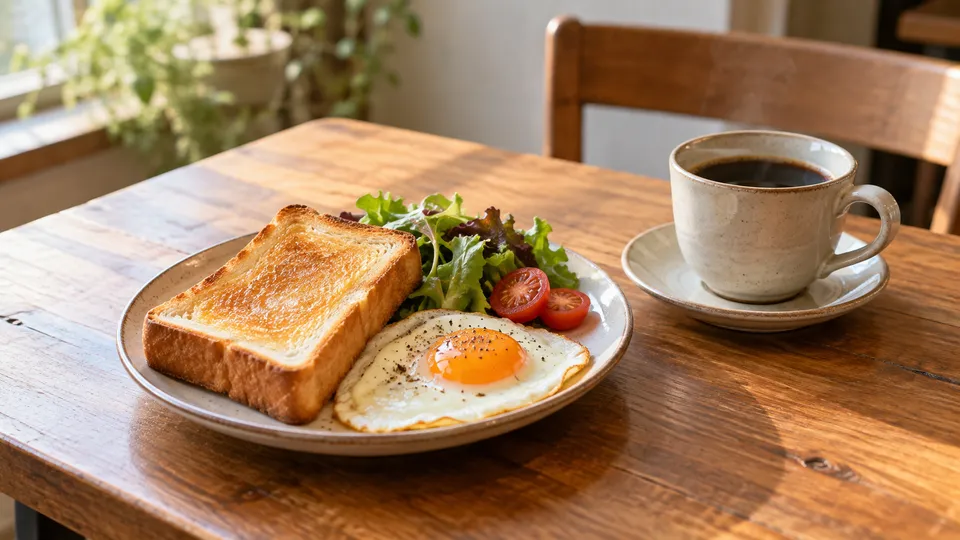 一人用のテーブルに温かい飲み物と食べ切りやすい軽食が置かれた様子