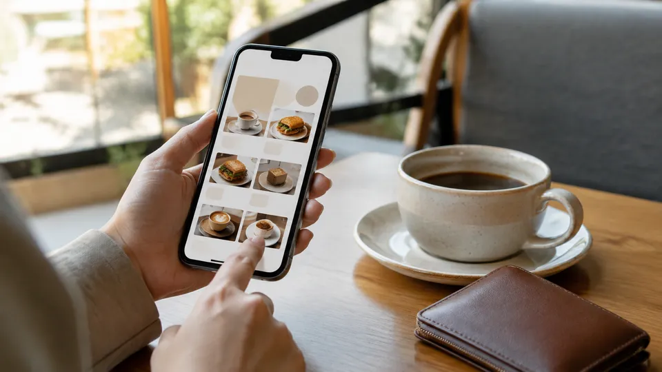 スマートフォンで来店店舗のメニューを確認する様子