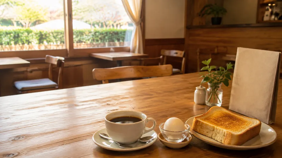 朝のカフェテーブルにコーヒーとトーストとゆで玉子が並ぶ様子