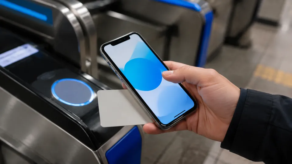 スマートフォンで交通系ICカードを読み取る手元