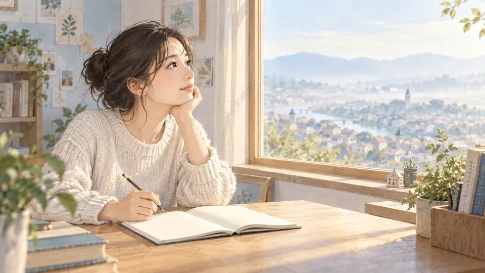 遠い光景を見ながらノートで言葉の意味を考える人物