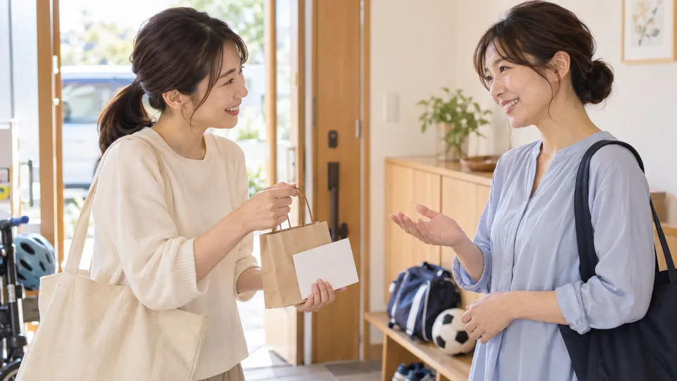 長めの送迎後に小さなお礼の品と負担分担を相談する保護者