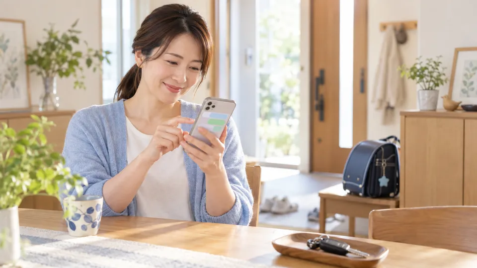 送迎してくれたママ友へスマートフォンでお礼を送る女性