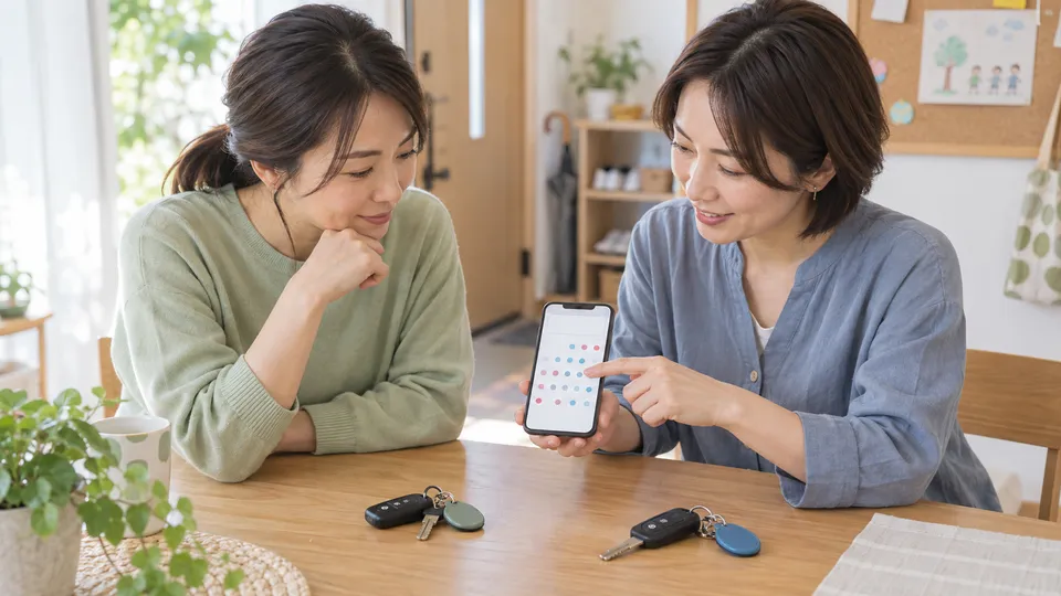 送迎が続く前に日程と担当を相談する二人の保護者