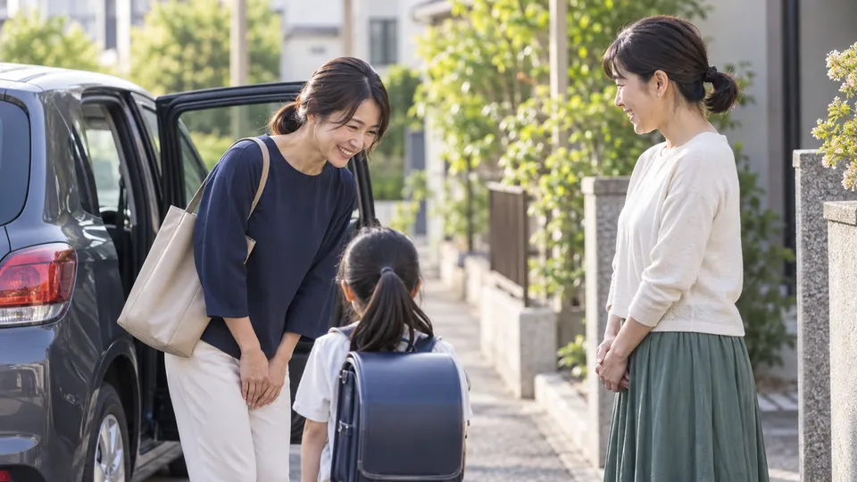 送迎後に子どもを迎えながら感謝を伝え合う二人の保護者