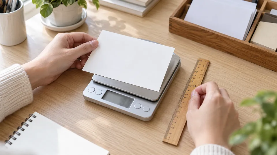 はがきの重さと縦横を量って料金を確認する場面
