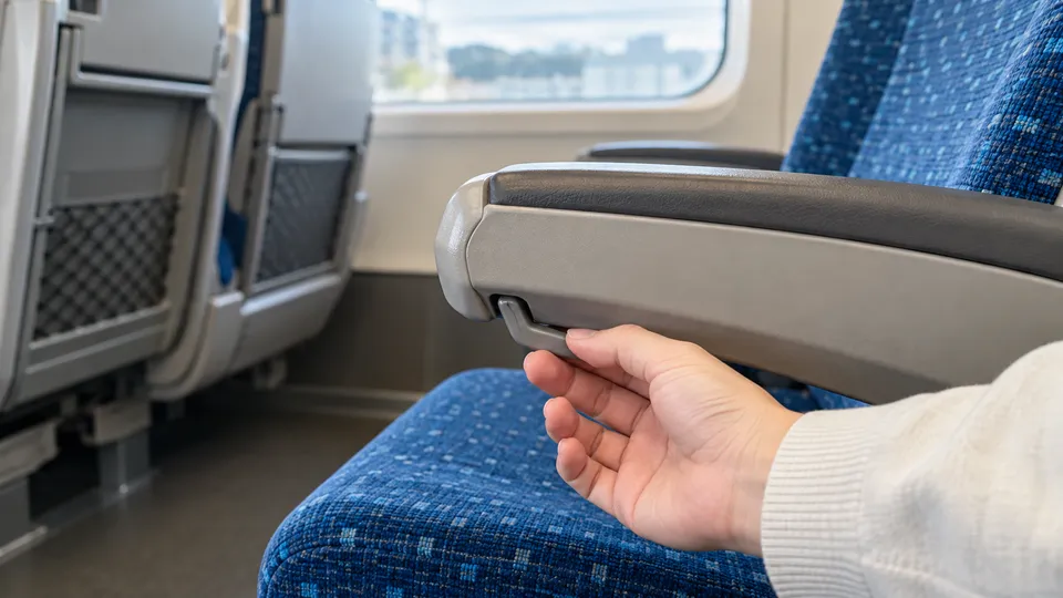新幹線普通車の肘掛け先端と座席横でリクライニングの操作部を探す手元