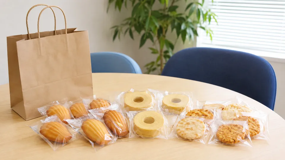 個包装の焼き菓子と米菓を休憩テーブルに並べた差し入れのイメージ