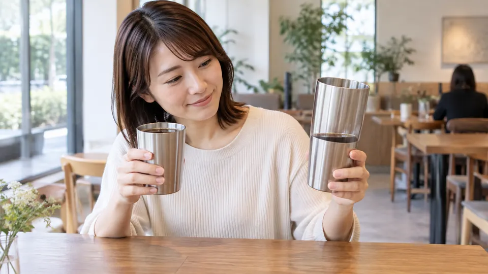 同じ量の飲み物を大きさの異なるタンブラーへ入れたときの余白を見比べる女性