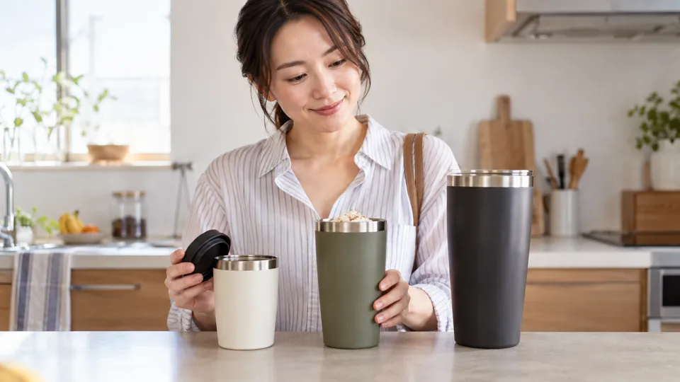 蓋と上部の余裕を見ながら大きさの異なるタンブラーから適した容器を選ぶ女性