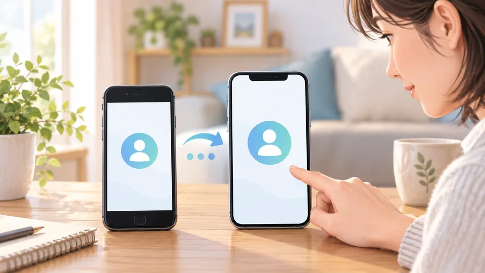 新旧2台のスマートフォンを並べ同じアカウントを引き継ぐ場面のイラスト