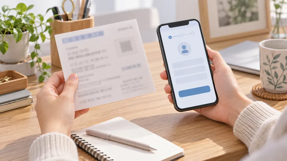 本人用通知書とスマートフォンを机の上で照合し初期登録の準備をする場面のイラスト