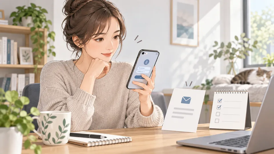 スマートフォンのログイン画面とメール、確認用メモを見ながら復旧手順を整理する女性
