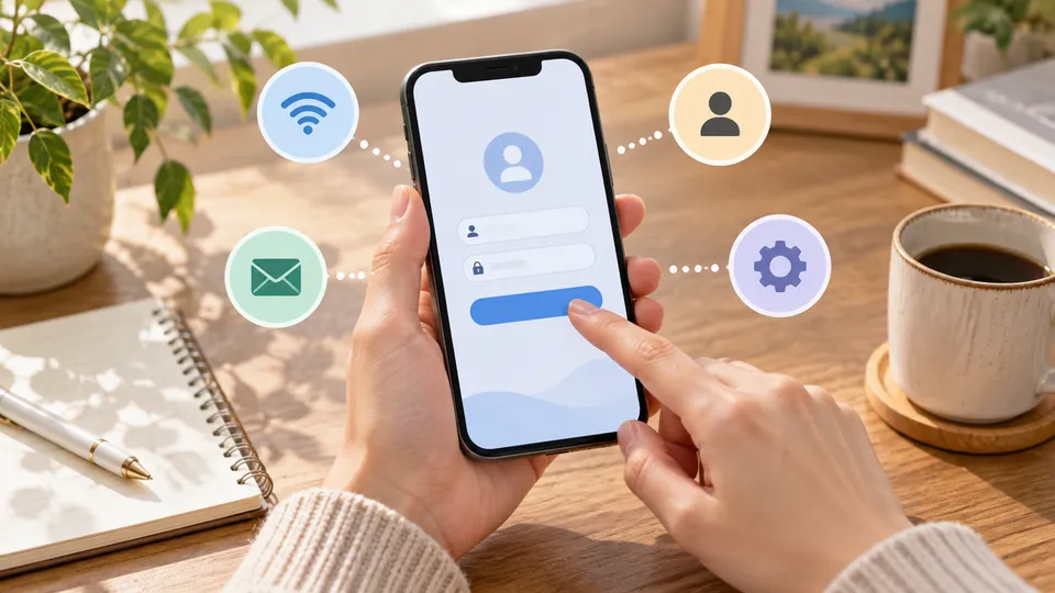 スマートフォンのログイン画面を前に4つの確認先を整理する手元のイラスト
