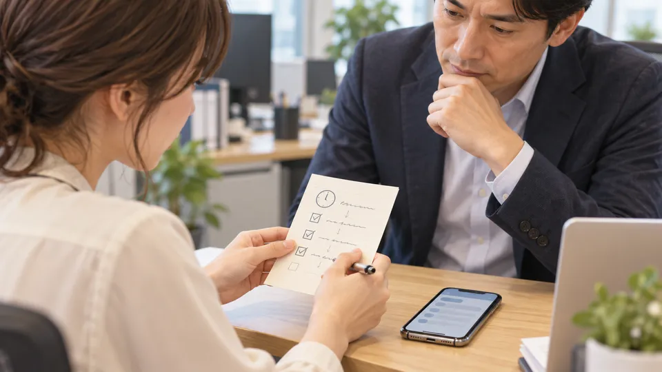 エラー時刻と試した内容をメモして店舗への相談準備をする手元のイラスト