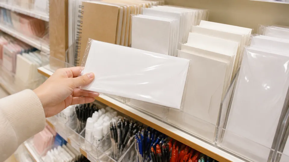 日本のコンビニの文具売り場で白い封筒を探す場面