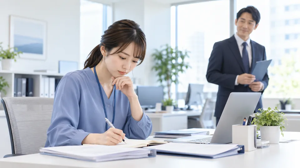 確認前に仕事を進めたことに気づき、上司へ報告内容を整理する会社員