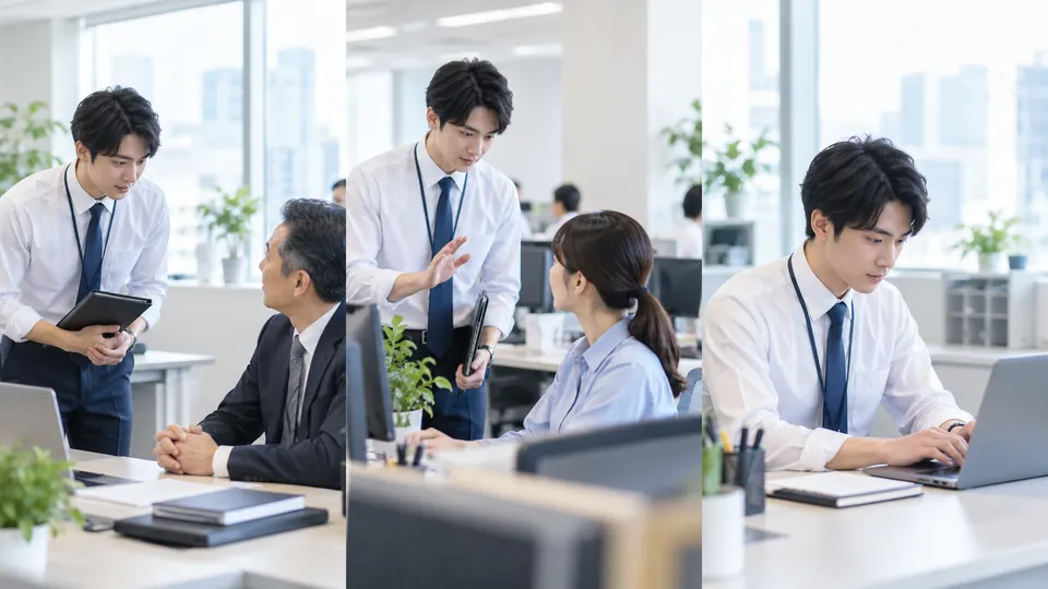 上司への相談、同僚への停止連絡、取引先へのメールを場面別に考える会社員