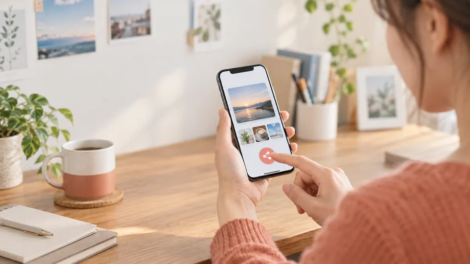 スマートフォンで友達から届いた写真の再共有手順を確認する人