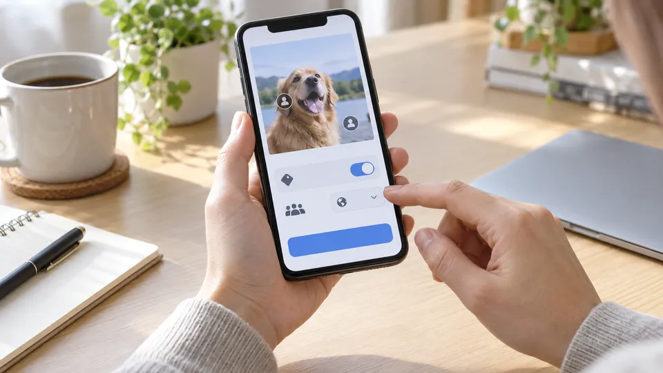 再共有前にタグと公開範囲を順番に確認するスマートフォン画面のイメージ