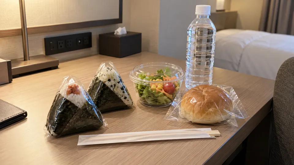 温めずに食べやすい主食と小さな惣菜をホテルの机に並べた様子