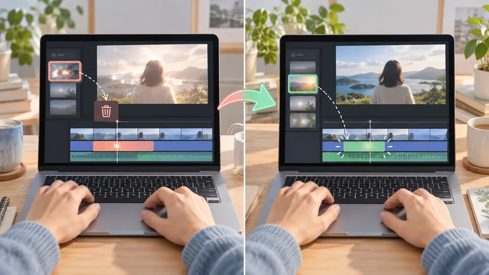 Pro素材を無料素材へ置き換える前後の動画編集画面