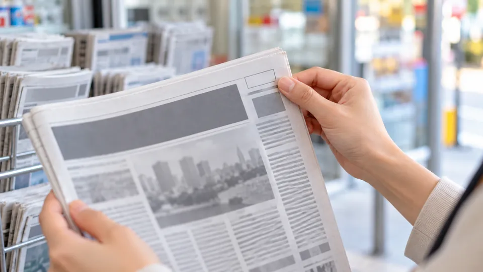新聞の一面を見比べる手元