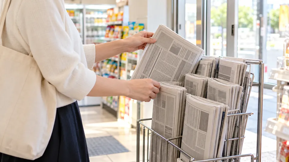 コンビニの新聞ラックで一部を選ぶ買い物客の手元