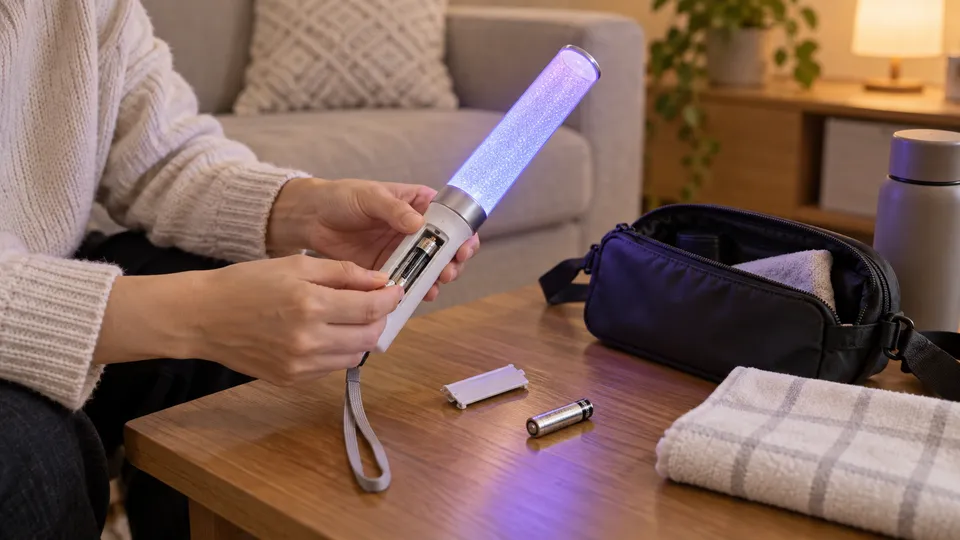 ライブ前に市販ペンライトの電池と操作を確認する様子