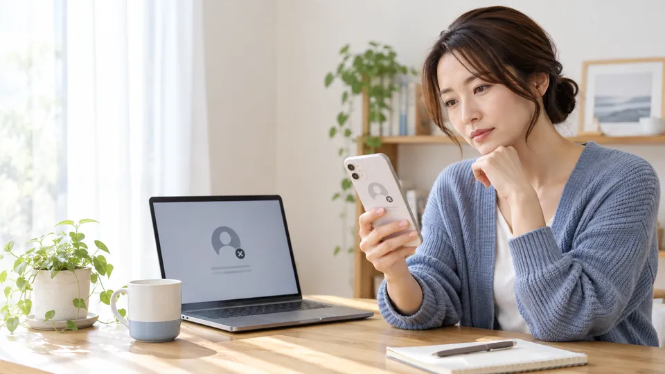 退会後のプロフィール表示をスマートフォンとパソコンで確認する女性