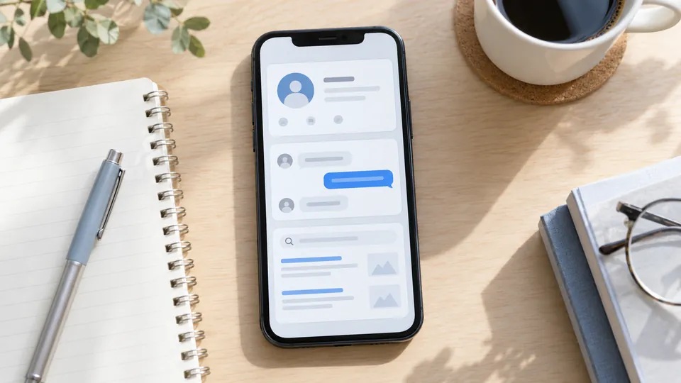 プロフィールと会話履歴と検索結果の三つの表示場所を示すスマートフォン
