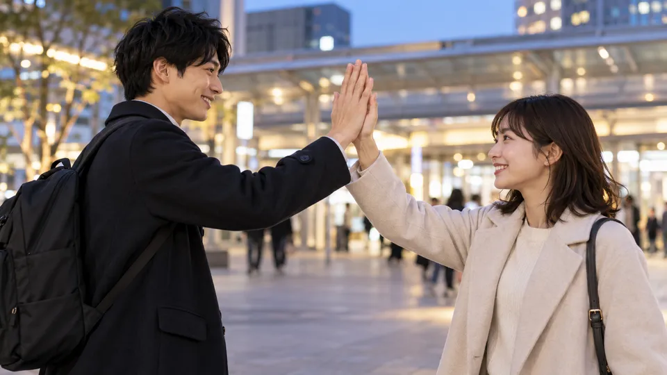 駅前で別れ際に自然にハイタッチする二人