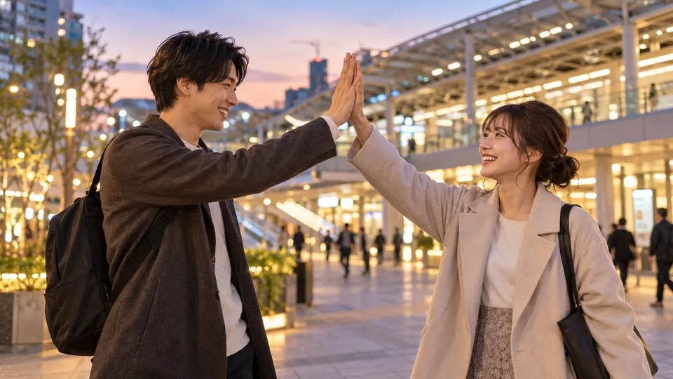 夕方の駅前で笑顔でハイタッチする二人