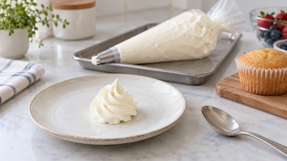 小皿へ一つだけ絞ったホイップの形を確認する様子