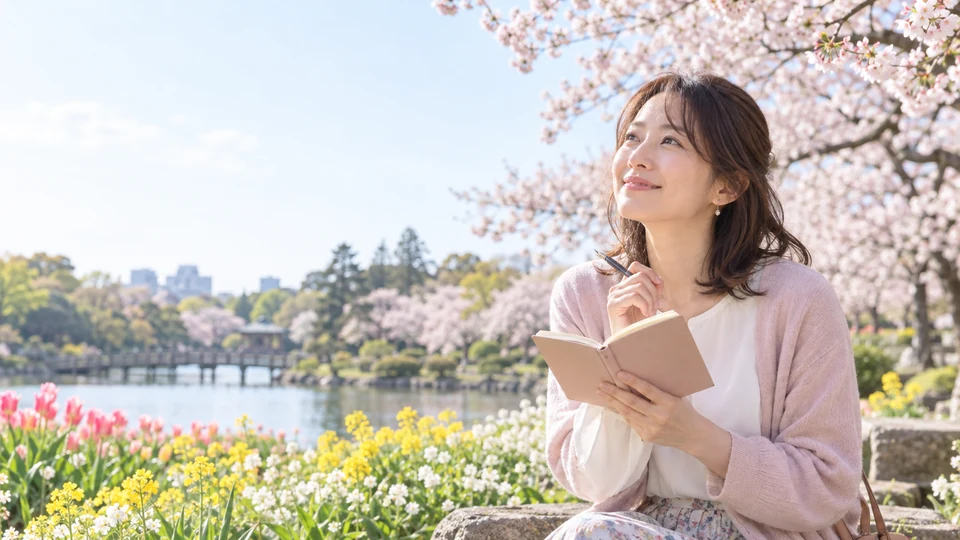 満開の春景色を眺めながら季節の言葉を考える人