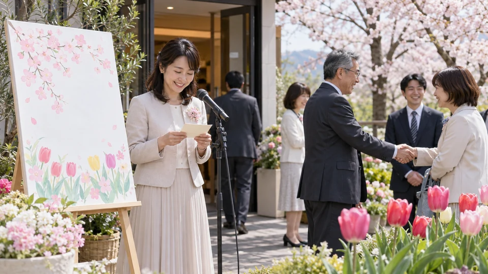 春の行事で挨拶文を確認してから話す司会者