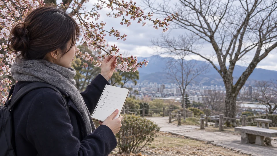 咲き始めの花とまだ寒い景色を見比べて時期を判断する人