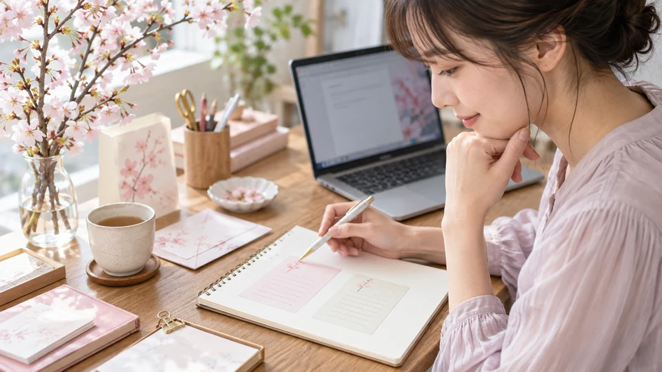 春の手紙とメールの表現を考えながらノートへ書く人
