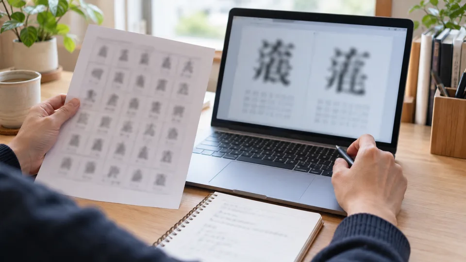 パソコンと印刷した資料で旧字体の細かな字形を見比べる手元