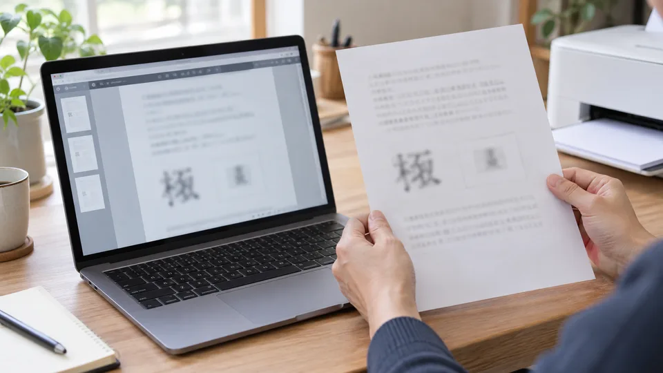 パソコン画面と印刷結果で文字の見え方を確認する手元