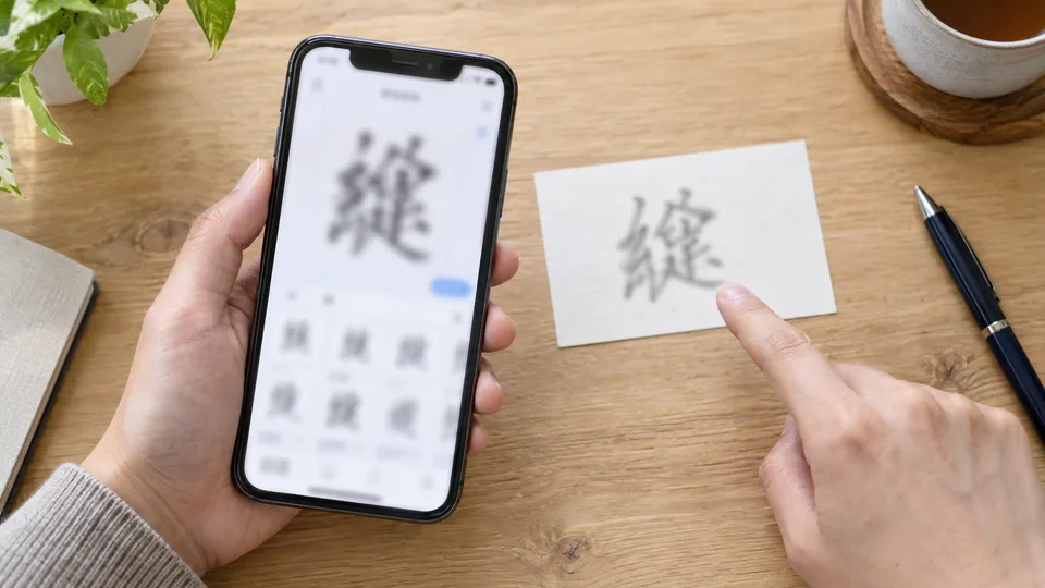 スマートフォンの候補と手元の見本を見比べて旧字体を確認する手元
