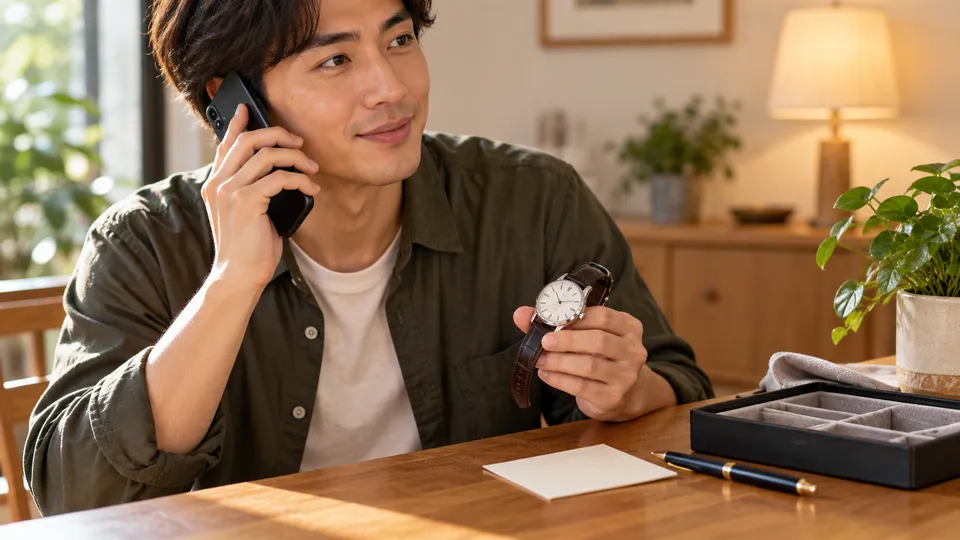 腕時計を手元に置いて店舗へ電話で確認する人