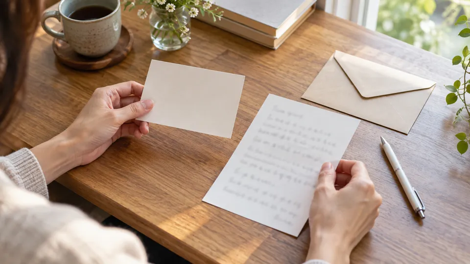 近況報告の下書きを短いカードへ整える手元