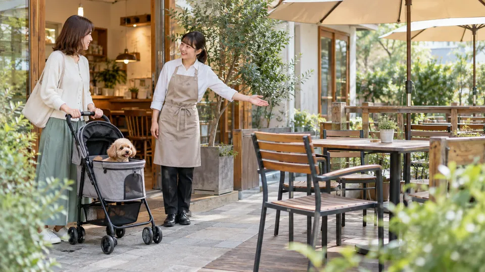 犬と入れる屋外席の入口をカフェスタッフへ確認する飼い主