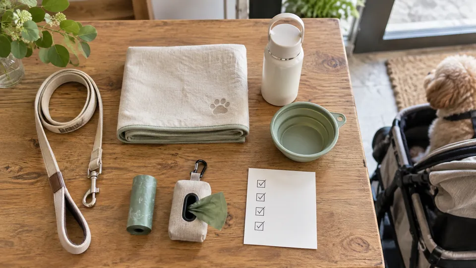 犬連れのカフェ利用に備えたリード、敷物、水、清掃用品