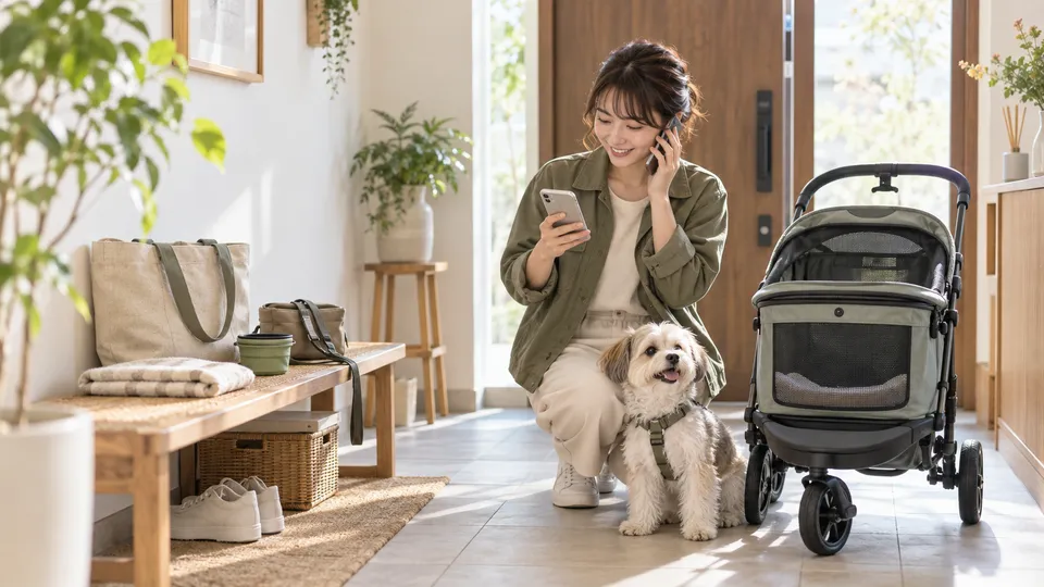 犬と一緒にカフェへ出かける前に店舗へ電話確認する飼い主